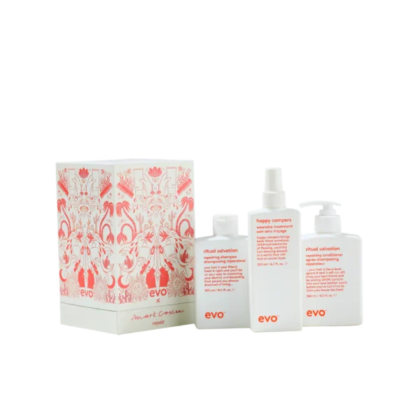 Evo good givin' repair: ritual salvation šampūnas + kondicionierius + happy campers fluidas + tote bag
