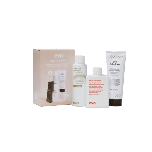 Evo fabuloso best of brown pack: ritual salvation šampūnas + fabuloso cool brown spalvos kondicionierius + water killer brunette sausas šampūnas