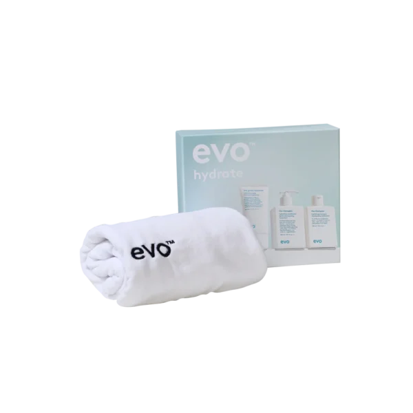HairTowel_Hydrate Evo underwraps hydrate: the therapist šampūnas + kondicionierius + the great hydrator kaukė + plaukų rankšluostis